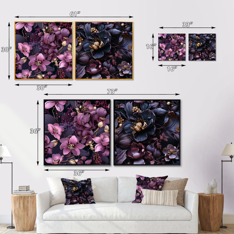 Montelimar - Ensemble de 2 collages floraux carrés, Cadre flottant noir, H 36 po x l 73 po