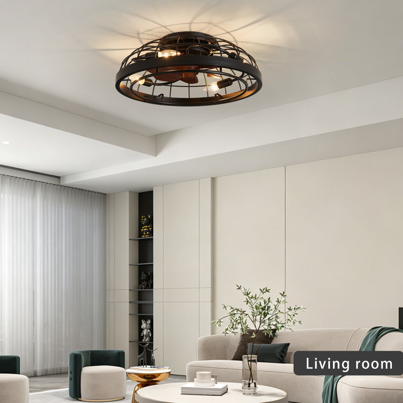 19.7" 4-Light Black Flush Mount Caged Ceiling Fan with Light, Low Profile Fandelier with 6-Speed Remote Control, Reversible DC Motor, Timer