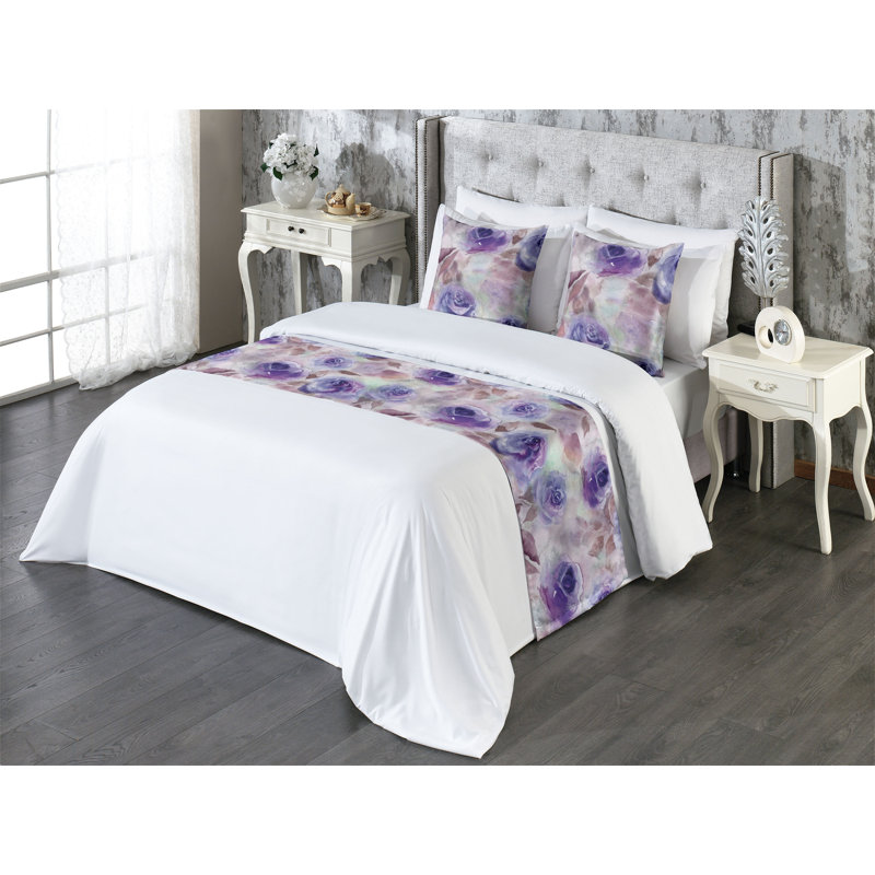 Ambesonne Romantic Bed Runner Set Floral Roses Cold Tones Violet Warm Taupe and Mauve, King