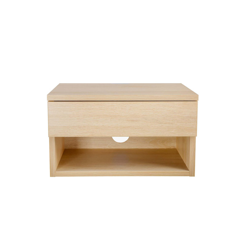 Light Oak Floating Wall-Mount Nightstand with Drawer and Shelf