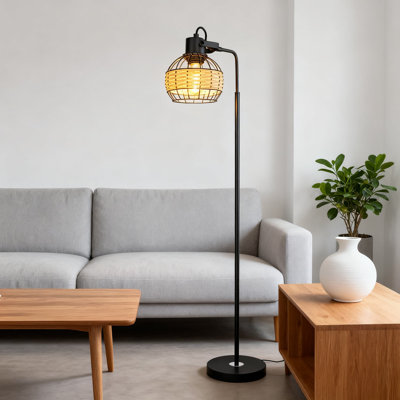 Farmhouse Led Floor Lamp With Adjustable Head, Heavy Metal Base, And Rattan Design For Living Room, Bedroom, Office - Includes 8W 3000K E26 Bulb