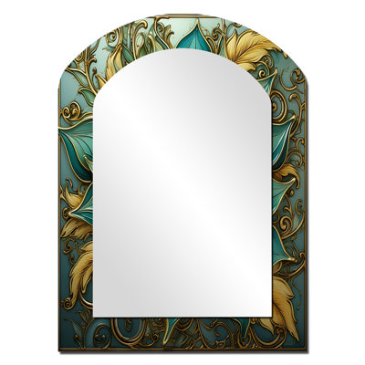 Ancient Magical Flower Mandala In Vintage Teal - Boho Mandala Arch Wall Mirror, Traditional Asymmetrical Decorative Mirror, Printed Metal Art