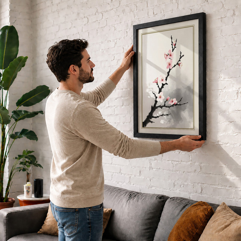 Moonlit Cherry Blossom Japandi - Framed Print, Walnut, A3 - 42.0 x 29.7 cm