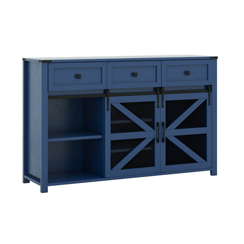 Buffet à portes coulissantes avec 3 tiroirs et tablettes réglables, Marine