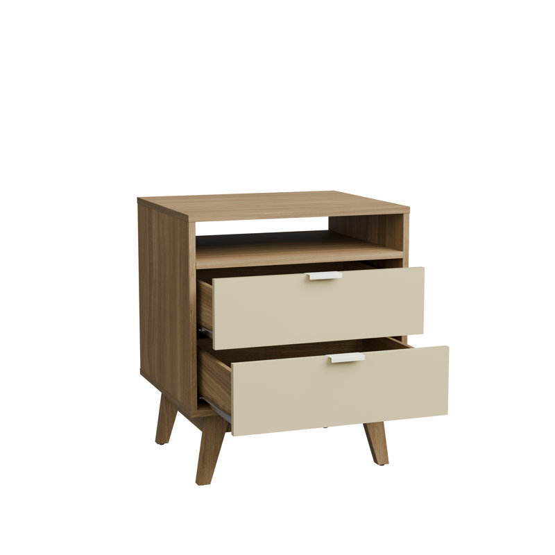 Clea Modern 2-Drawer Nightstand w/ Open Shelf - Bedside Table W.20.78', Light Brown/Cream