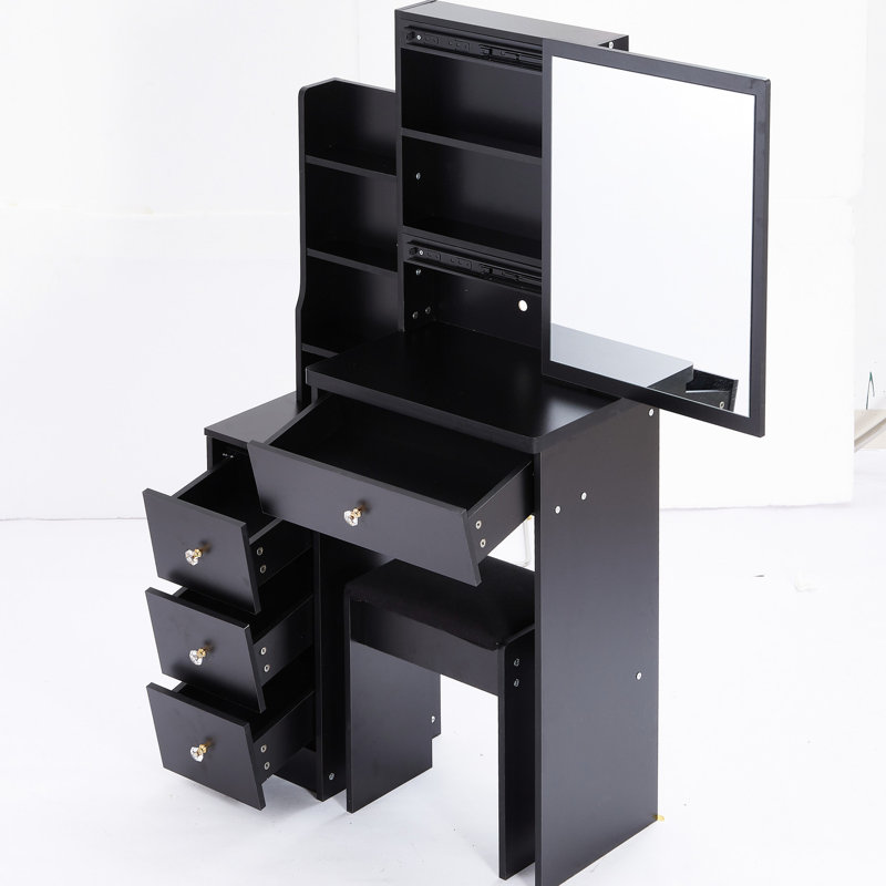 Petit meuble-lavabo avec tabouret rembourré, miroir coulissant massif, rangement multi-couches, commode noire pour table à espaces restreints, très grand miroir et chaise, chambres de rangement multicouches, noir,