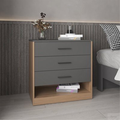 Commode à trois tiroirs et tablette ouverte de 27 po de hauteur Alder, chambre à coucher, vestibule, panneau latéral, gris mat - chêne naturel