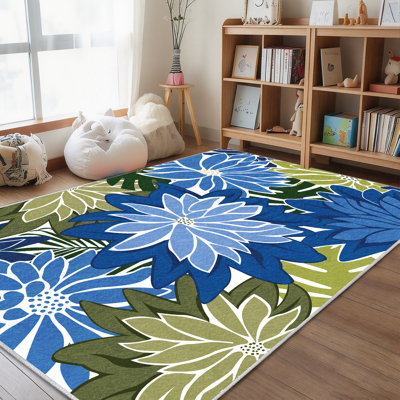 ZonLi Tropical Floral Indoor/Outdoor Rug, 8' x 10', Blue/Green, Waterproof, Washable, Non-Slip