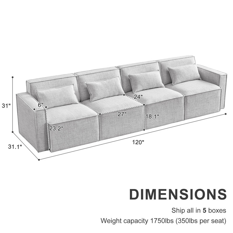 Canapé modulaire à accoudoirs carrés 120 po Taufner, 100 % lin gris