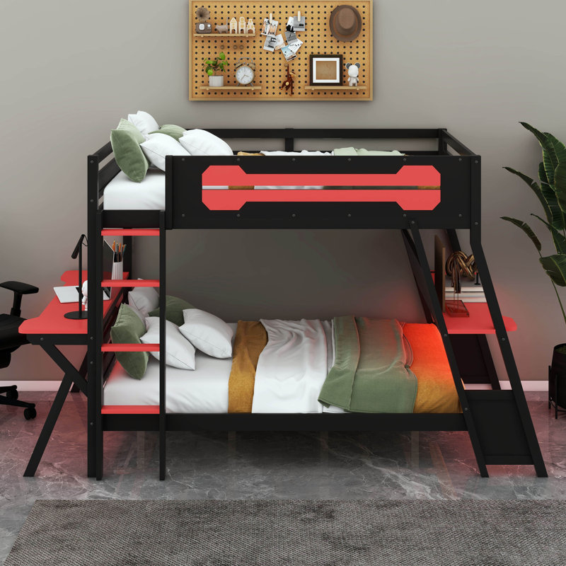 Lit superposé double pleine grandeur avec 2 bureaux intégrés, ports USB pour bureau et panneau perforé, cadre en bois pour enfants adolescents