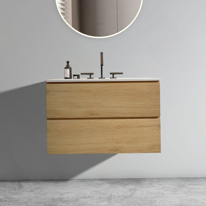 Meuble-lavabo mural en chêne naturel de 30 po avec lavabo en céramique avec trois trous de robinet, grand meuble-lavabo flottant de rangement pour salle de bain moderne, pré-assemblé