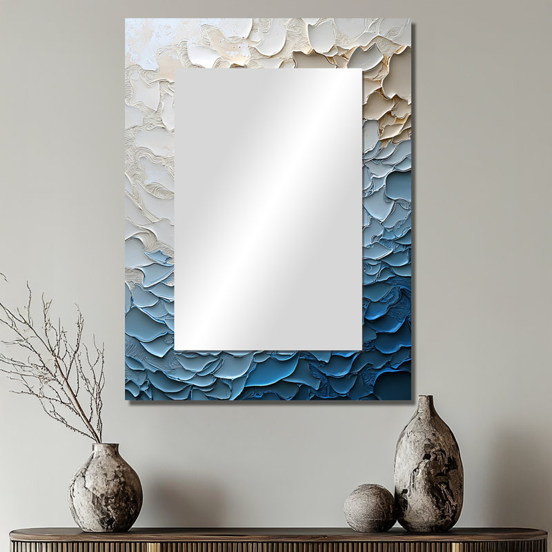 Blanc et bleu côtier mosaïque V - miroir mural décoratif côtier, miroir blanc, art imprimé en métal, 40 po x 30 po