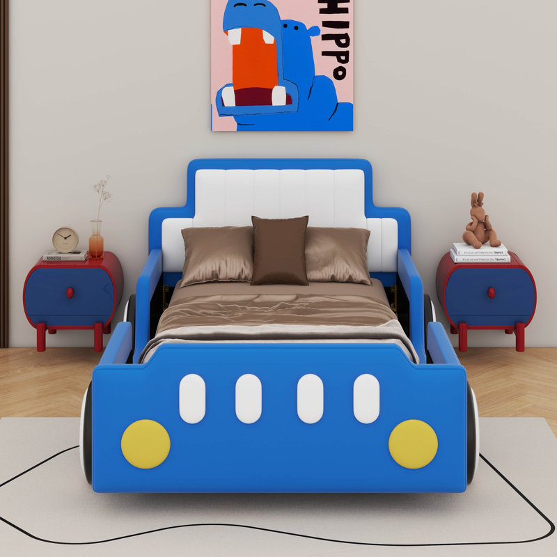 Lit plateforme simple en forme de voiture avec roulettes, Bleu