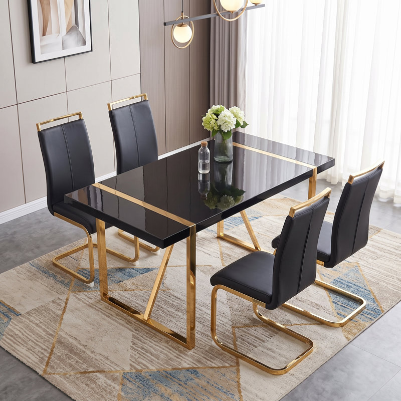 5-Piece 55" Medium Modern Rectangular High-Gloss Dining Set with Faux Leather Chairs, Black, Black/Gold
