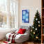 Motif de flocons de neige de Noël sur fond bleu avec des accents colorés, ensemble de 3 impressions d'art sur toile-8877528