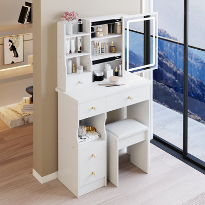 Tabouret de table de meuble-lavabo 29,2 po avec tiroir de gauche, grand tiroir coulissant, commande tactile, interrupteur tricolore, miroir à luminosité réglable, rangement grande capacité, convient aux petits espaces