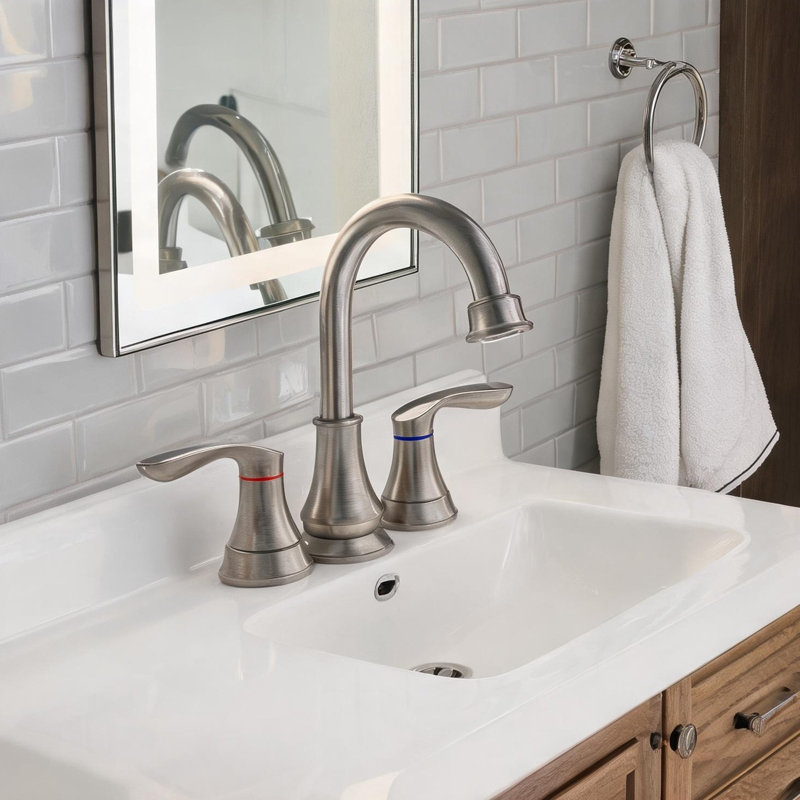 Robinet de salle de bain en nickel brossé 4 po avec bec pivotant, bonde escamotable et conception à deux poignées