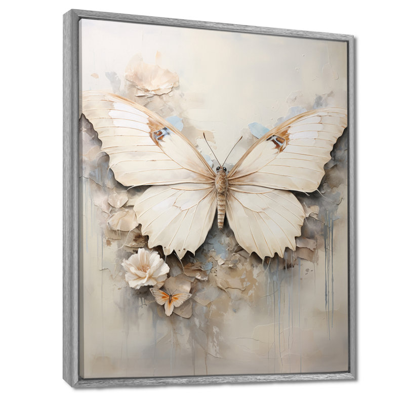 Minimalisme, papillon beige - art mural papillon, H 44 po x l 34 po x P 1,5 po, Encadrement argenté
