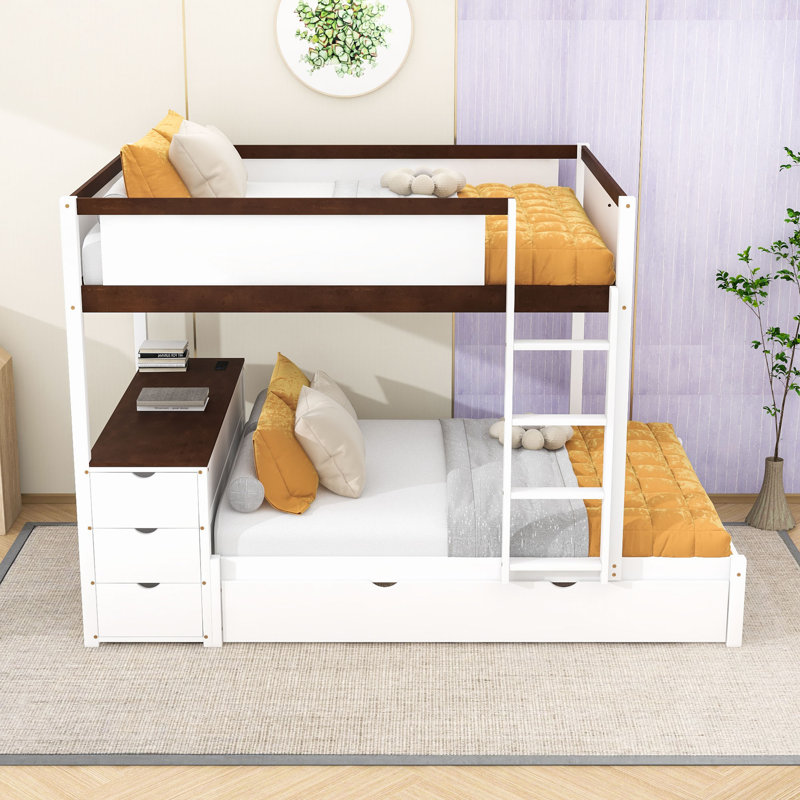 Lit superposé en bois avec lit gigogne simple et prises USB, tiroirs, Double sur double, Noyer blanc