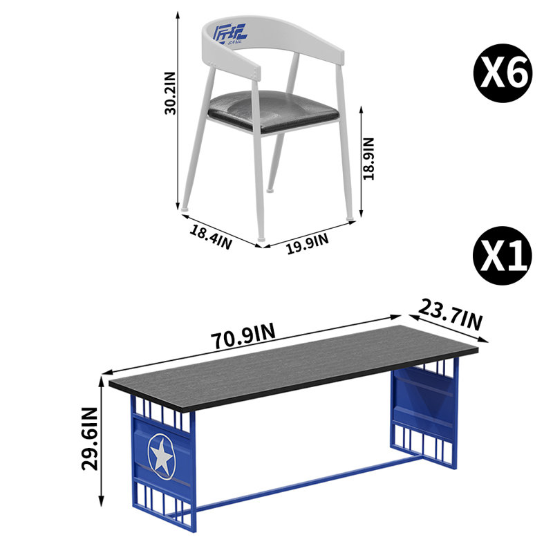 Table et chaises créatives de style industriel, Plateau noir / base bleue, Blanc / noir, 7