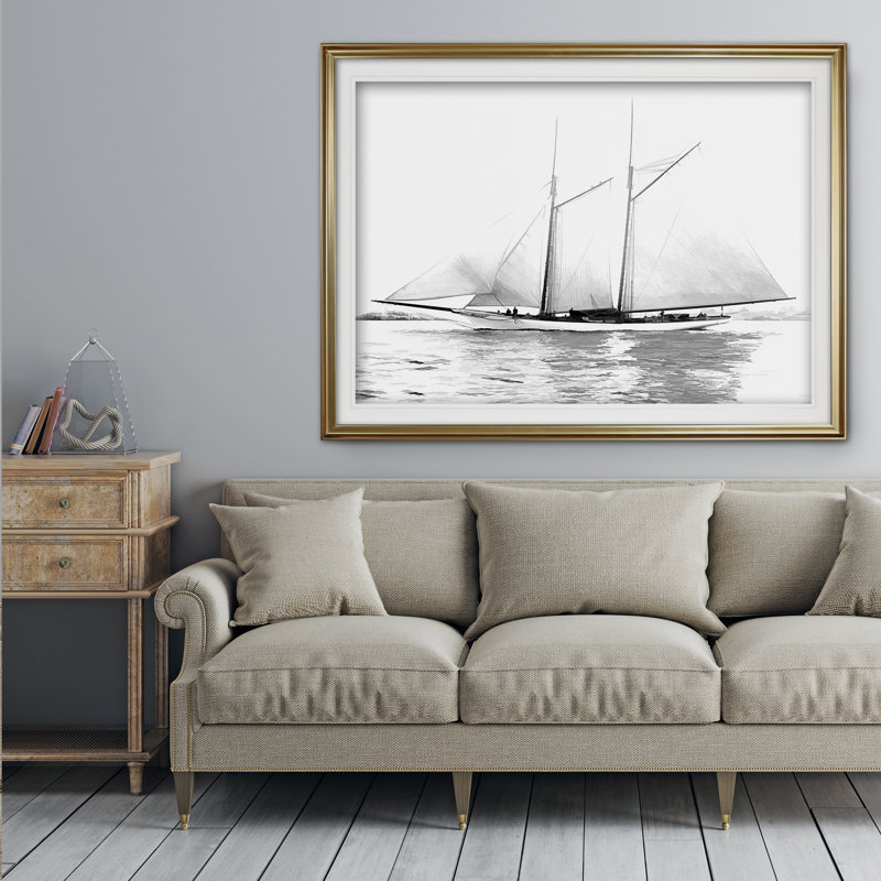 « voilier », reproduction d’impression, H 31 po x l 43 po x P 1,5 po, Cadre doré, Blanc mat