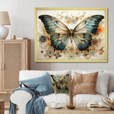 Papillon beige sarcelle, motifs complexes - art mural papillon