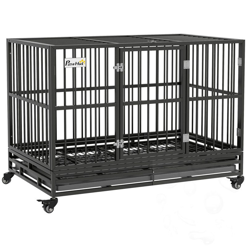 Cage métallique pour chien avec roues verrouillables et plateau amovible, 34.6" H x  48.4" W x  29.1" D