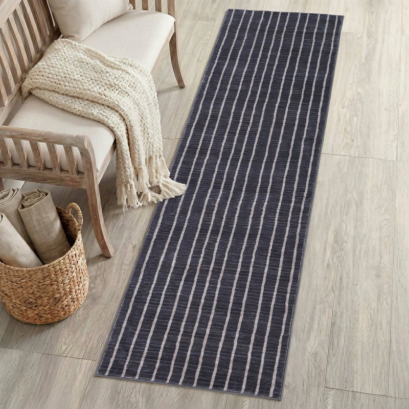 Tapis antidérapant à rayures délavé Orton, Runner 2' x 8', Gris anthracite / Crème