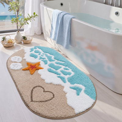 Large Blue Beach Bathroom Runner Rug, Non-Slip Soft Microfiber Coastal Bath Mat, Absorbent Ocean Starfish Seashell Floor Mat for Double Sink, Machine Washable, 24"x44"