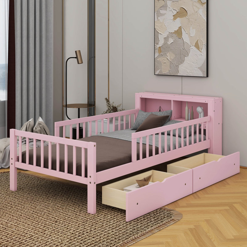 Lit simple avec support de tête de lit, deux tiroirs sous le lit, trois barrières de sécurité pour plus de sécurité, Rose