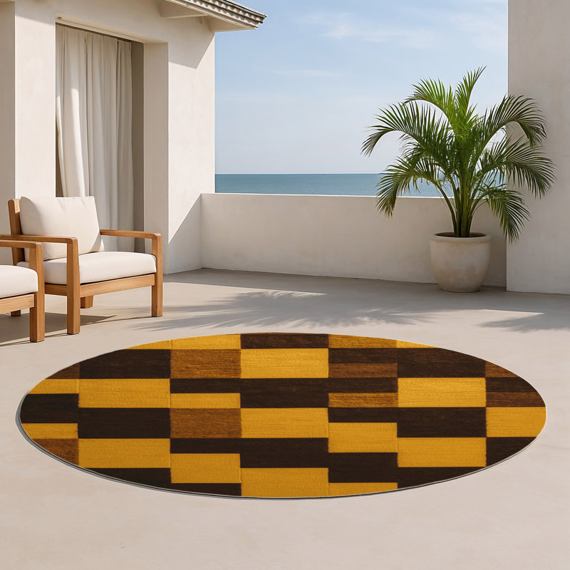 Tapis d'intérieur et d'extérieur à carreaux brun, Rond 5 pi