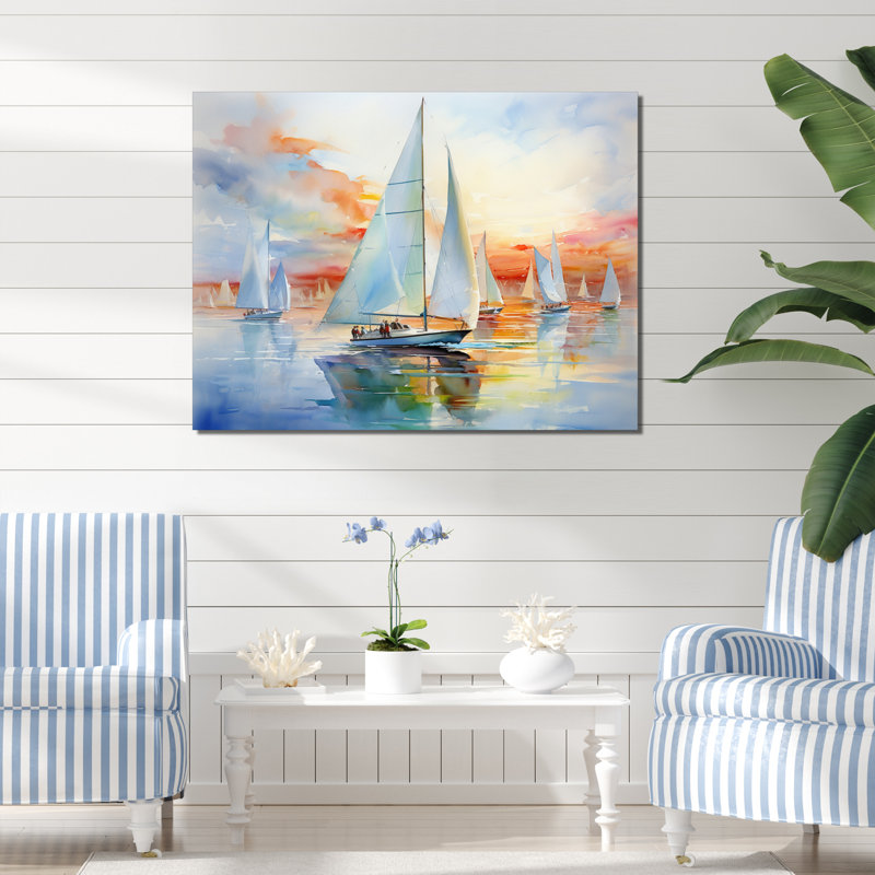 «Miminimlaism Watercolor Regatta II - Bateau à voile grand art mural», 24" H x 32" W, Toile tendue
