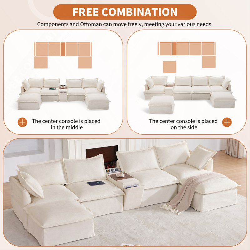 Canapé modulaire de 131 po avec repose-pieds mobile et console, porte-gobelet, siège large, canapé en U de 6 places, canapé en chenille surdimensionné avec chargeur USB pour le salon, appartement, 2 couleurs