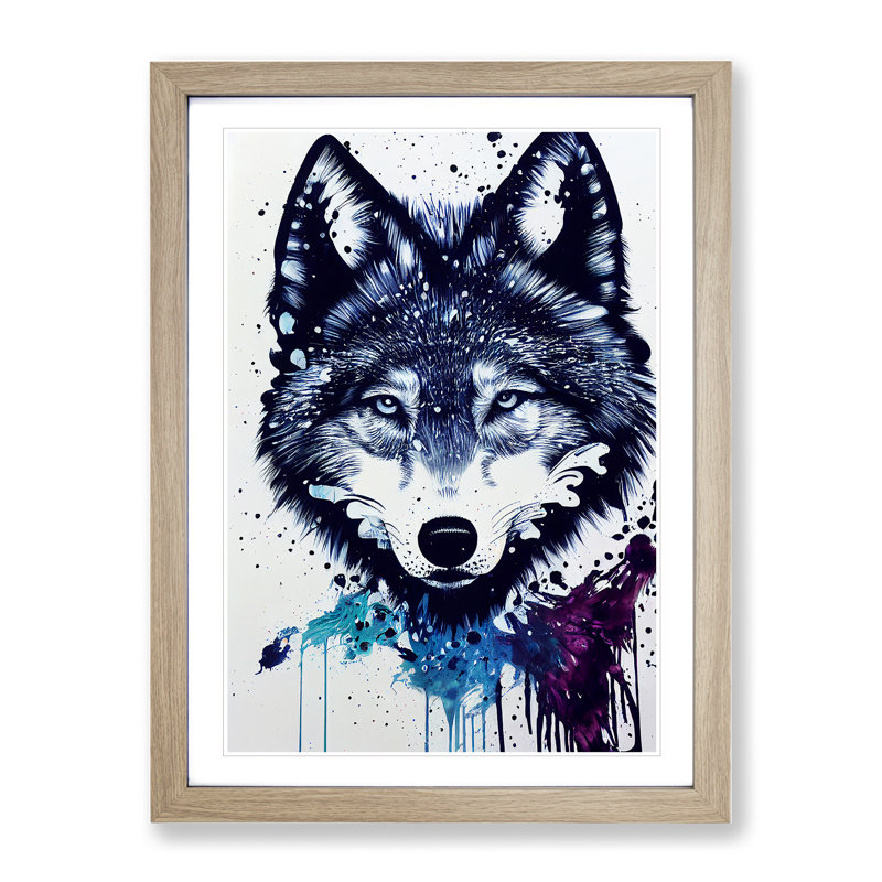 Painted Wolf No.2 - Wall Art, 36cm H x 27cm W, Oak Framed
