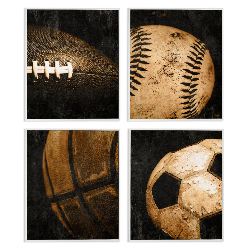 Ensemble de giclée encadrée de 4 balles de sport vieillies, design par Kim Allen, H 14 po x l 11 po