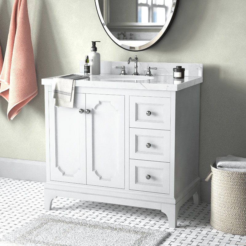 Ensemble de meuble-lavabo simple 36 po Bernardo, Blanc pur, Quartz de Carrare