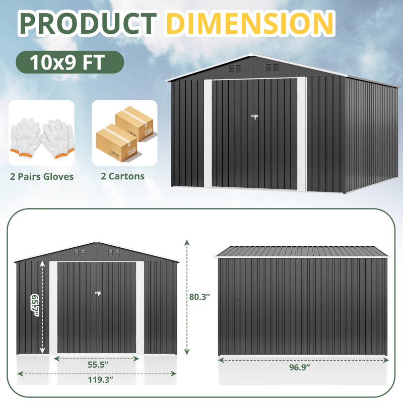 Remise de rangement extérieure en métal avec structure de cadre et portes verrouillables, H 80,3 po x l 119,3 po x P 96,9 po