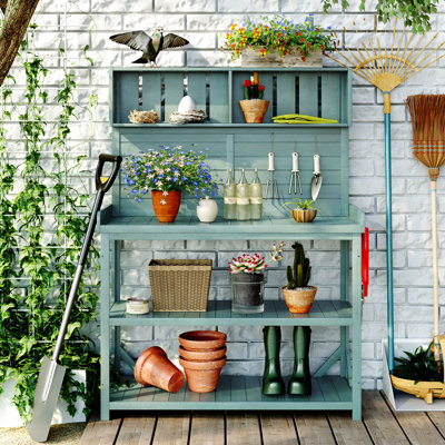 Banc de rempotage pour terrasse 65 po, 4 tablettes et crochet latéral, poste de travail en bois 46,9 x 19,3 x 65 pouces, crochet