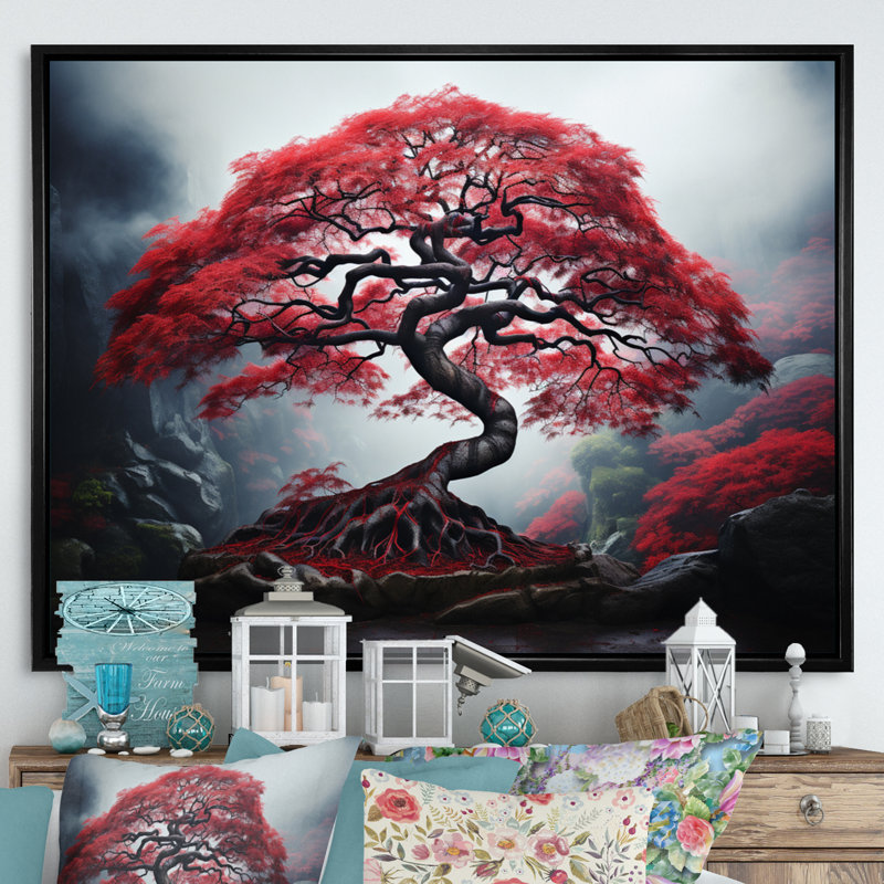Érable japonais rouge - art mural sur toile Japon, H 30 po x l 40 po x P 1,5 po, Cadre flottant noir