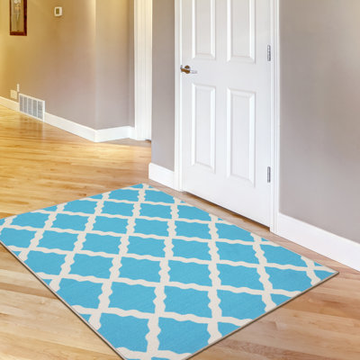 Ottohome Non-Slip Moroccan Trellis Area Rug For Living Room, Hallway Runner, Entryway Rug, Blue