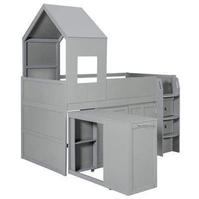 Modern Style Bed Frame, Wooden Loft Bed with Desk, Drawers, Cabinet