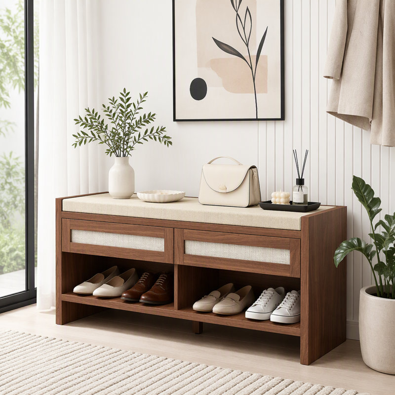 Banc à chaussures avec 2 tiroirs en rotin, banc de rangement à chaussures de style bohème avec assise rembourrée aspect lin et étagère ouverte