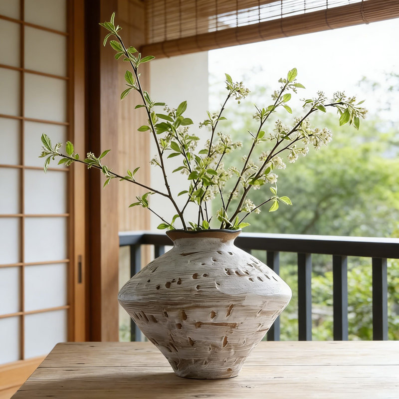 Wabi Sabi Ceramic Vase, Large Rustic Farmhouse Centerpiece Vase With Textured Distressed Finish, Watertight Pottery Vase For Fresh And Dried Flowers, Home Decor For Living Room And Table