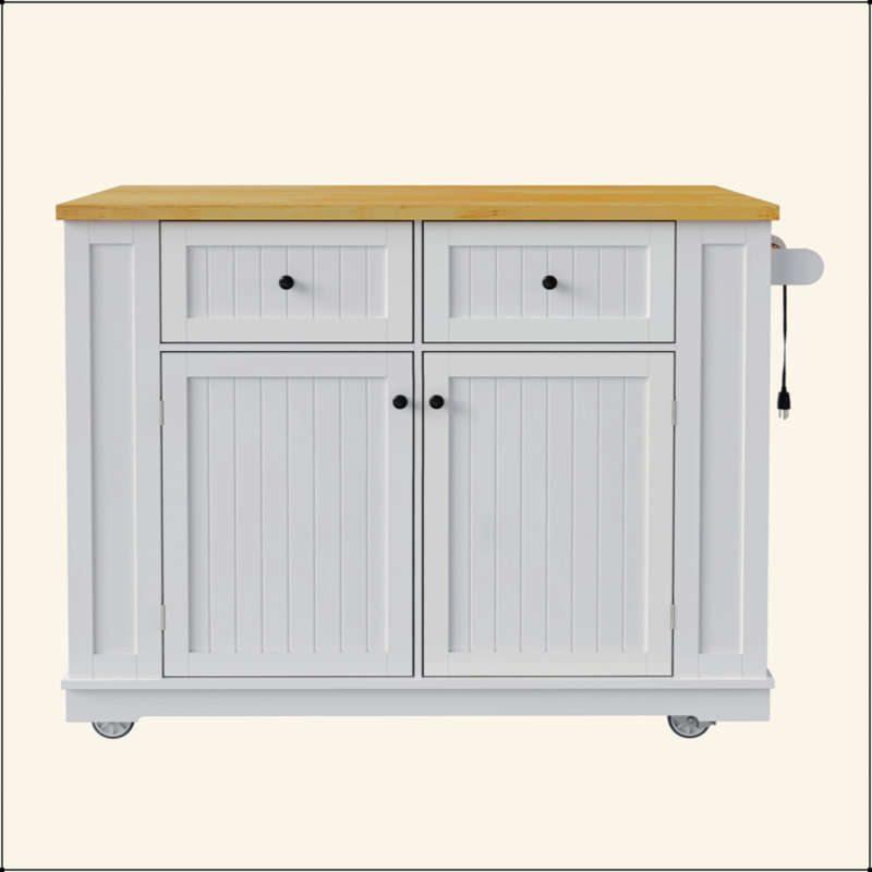 48 Inch Large Kitchen Island With Drop Leaf,Power Outlet,Internal Storage Rack,Rolling Kitchen Storage Cart On 5 Wheels With 5 Open Side Racks For Kitchen,Dining Room(Not Include Stools)