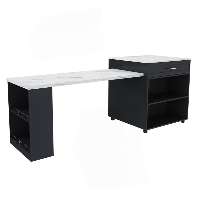 Îlot de cuisine de 80 pouces avec table de salle à manger, comptoir avec prise de courant, chariot de rangement mobile avec armoire et 2 tiroirs, table de préparation pour la cuisine