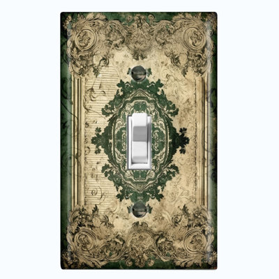 Metal Light Switch Plate Outlet Cover (Elegant Biege Damask Green - Single Toggle)