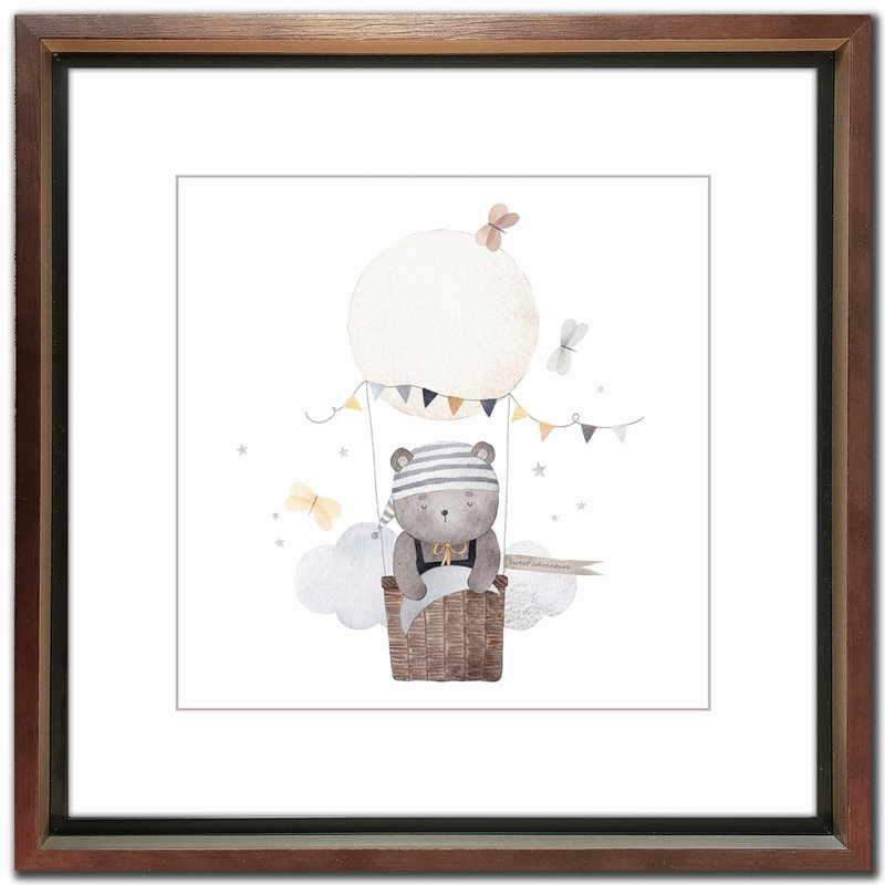 «Hot Air Balloon Bear 2», art mural, Cadre d'angle fermé brun, H 17 po x l 17 po x P 1 po