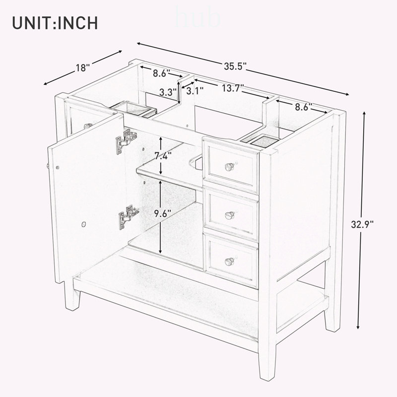 Meuble-lavabo de 91 cm (36 pouces) avec grand espace de rangement, en bois et en MDF résistants, comprenant un placard et des tiroirs pour salles de bains modernes.