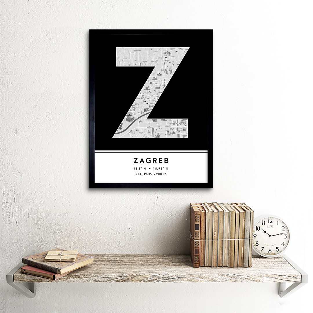 Zagreb City Map Zagreb Black & White by Wee Blue Coo - Single Picture Frame Typography