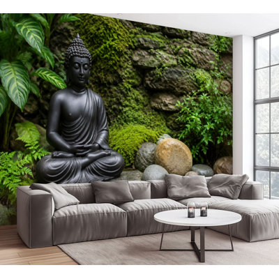 Wall Mural Peel and Stick Wallpaper Serene Zen Statue Mossy Garden Natural Stones Pebbles Green Foliage Self-Adhesive Removable Contact Paper Wall Decor for Living Room Bedroom 100"H x 144"W